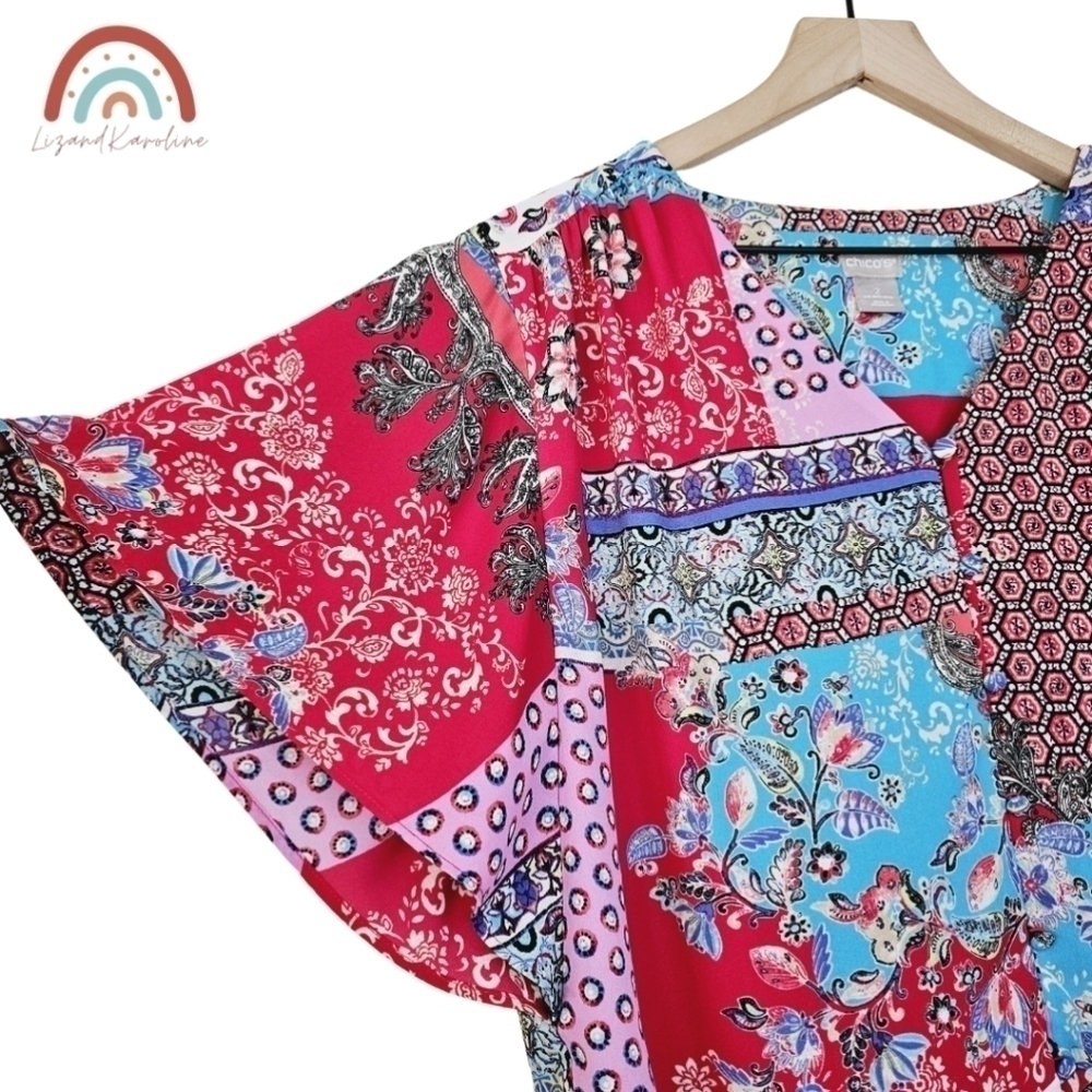 Chico's Patchwork Peplum Floral Flutter Sleeve Bu… - image 8